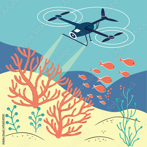 Drone exploring underwater life with coral reefs and a school of fish in a colorful illustration