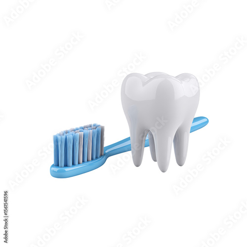 White tooth and blue toothbrush isolated on a transparent background, in a PNG format