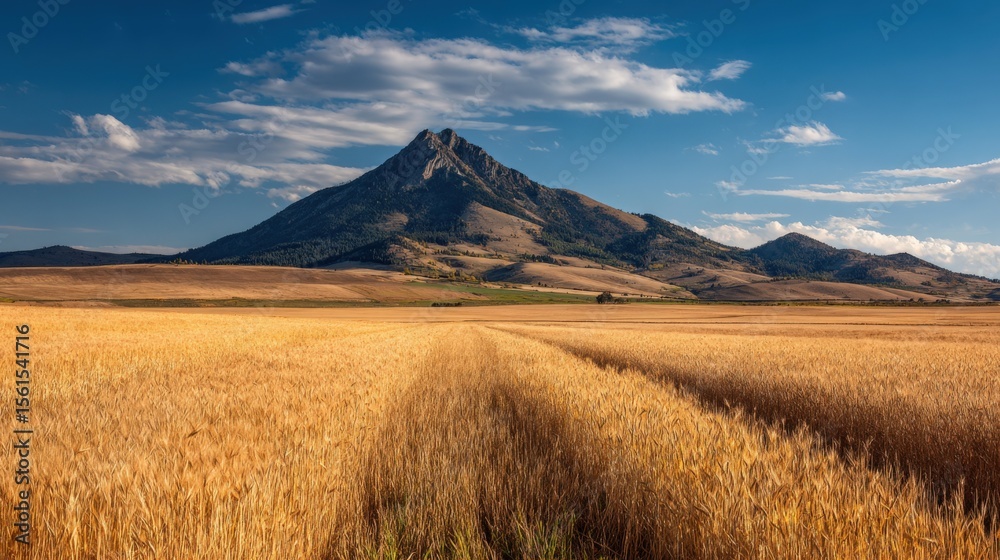Fototapeta premium Majestic mountain landscape with golden grass field under blue sky and clouds.