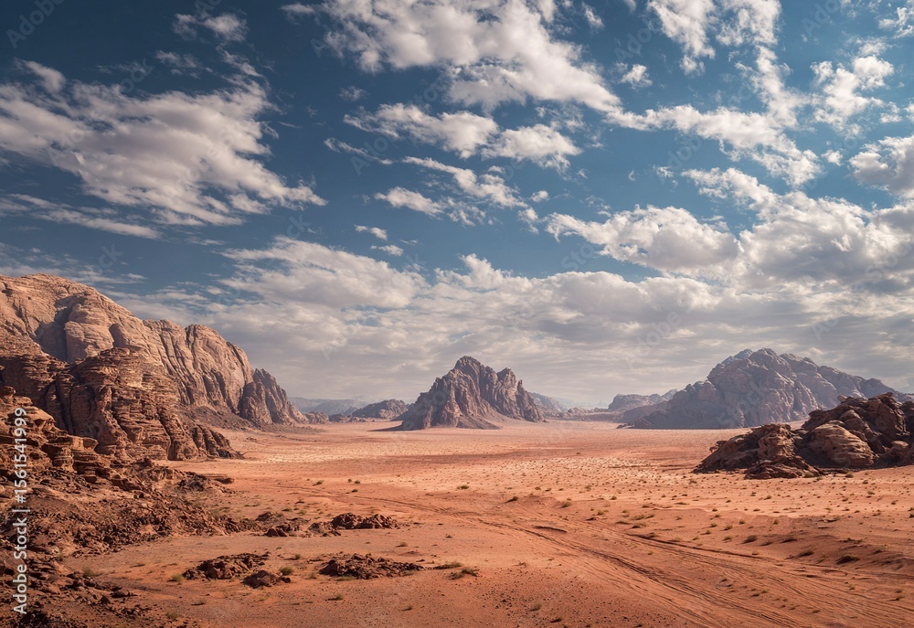 Naklejka premium The Wadi Rum desert landscape in Jordan features red rocks and mountains. This stock photo showcases a beautiful sky. 