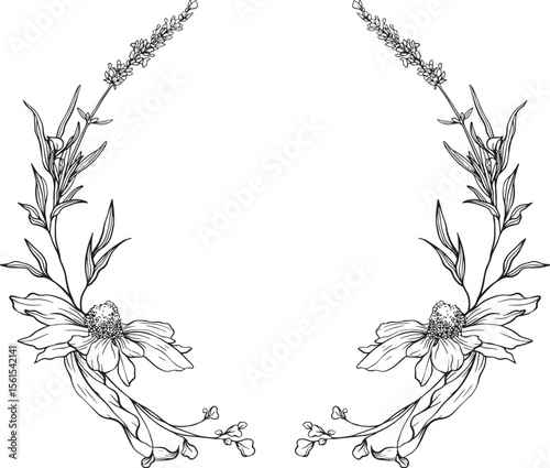 Elegant black and white floral wreath of finely detailed blossoms and leaves arranged in a soft circular flow botanical grace meets natural harmony in this intricate lineart illustration