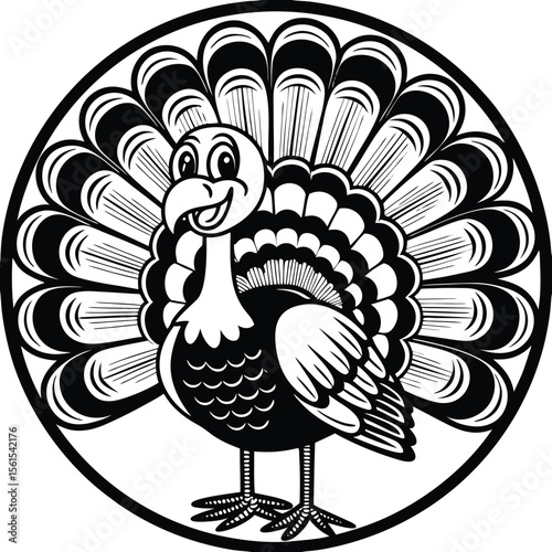 Cartoon vector illustration of a festive turkey fowl with autumn feathers, decoration, meal, poultry, cook