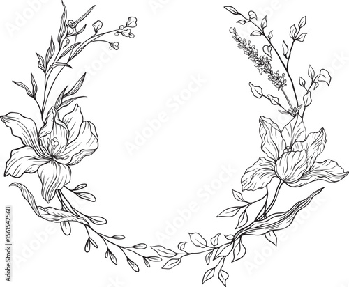 Elegant black and white floral wreath of finely detailed blossoms and leaves arranged in a soft circular flow botanical grace meets natural harmony in this intricate lineart illustration