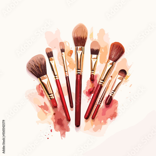 Various makeup brushes arranged on pastel watercolor background  