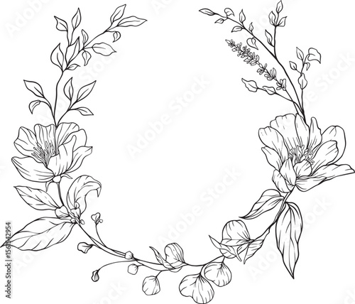 Elegant black and white floral wreath of finely detailed blossoms and leaves arranged in a soft circular flow botanical grace meets natural harmony in this intricate lineart illustration