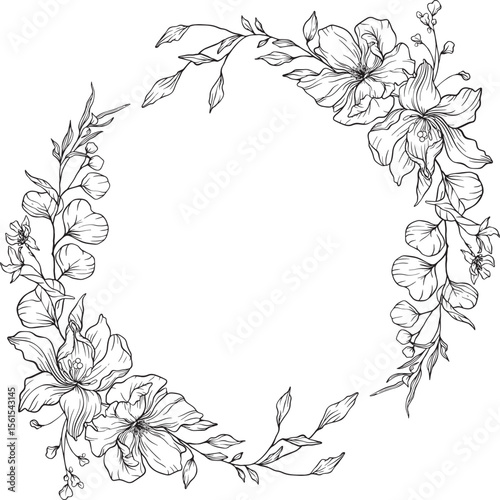 Elegant black and white floral wreath of finely detailed blossoms and leaves arranged in a soft circular flow botanical grace meets natural harmony in this intricate lineart illustration