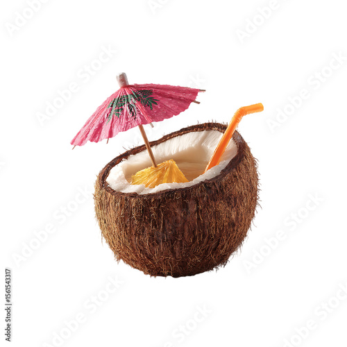 Coconut with a cocktail umbrella and straw isolated on a transparent background, in a PNG format