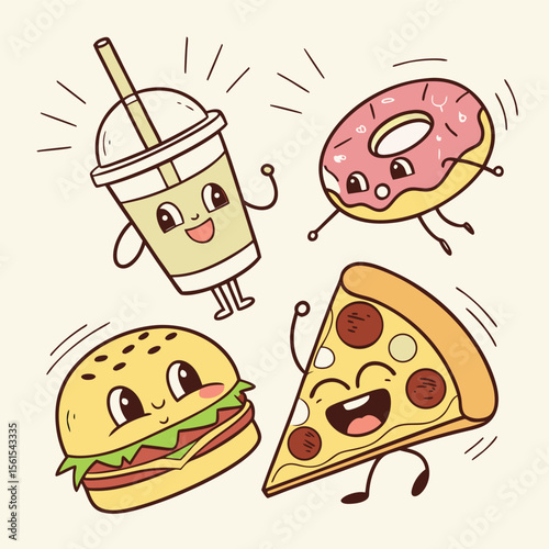 Illustration of a happy cartoon burger pizza donut and drink with faces and arms and legs drawn