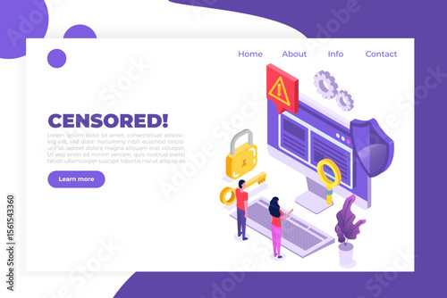 Web ban bypass, Internet censorship bypassing. Content control blocking, filtering offensive chats messaging. Vector isometric illustration.
