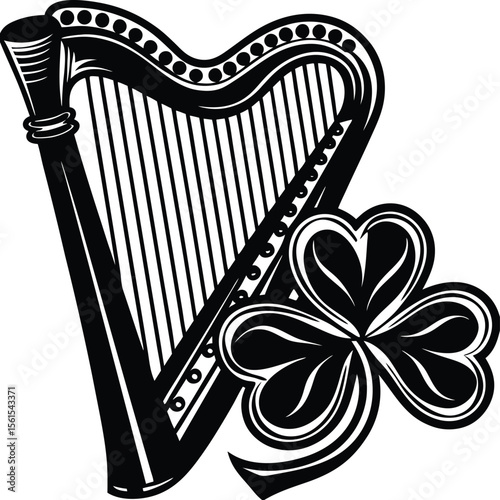A vibrant vector illustration of a classical string instrument, like a harp or violin, suitable for an Irish music concert