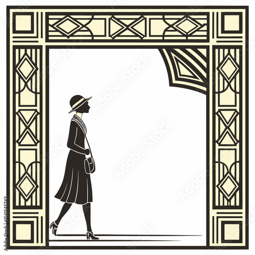 Silhouette of a woman in art deco frame with hat dress and purse walking in profile view art nouveau style