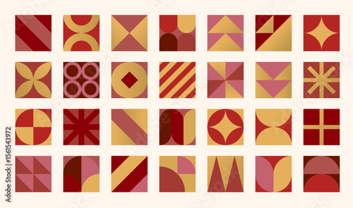 Minimalist geometric vector illustration. Abstract retro style art with simple shapes, lines in red, gold. Modern graphic, decorative square elements for New Year background, seamless pattern.
