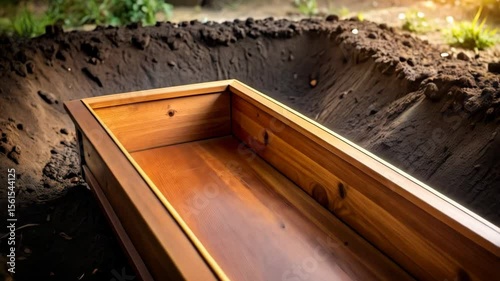 Open wooden coffin in freshly dug grave with earth pile and shovel lying nearby in a cemetery, burial preparation.