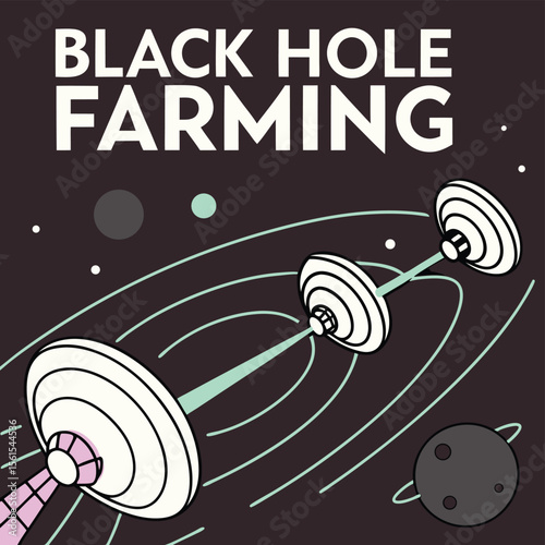 Illustration of black hole farming concept with orbiting structures and cosmic elements present in space