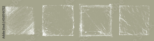 White distressed frame textures on olive green. Grunge overlay borders with scratch and wrinkle effects.
