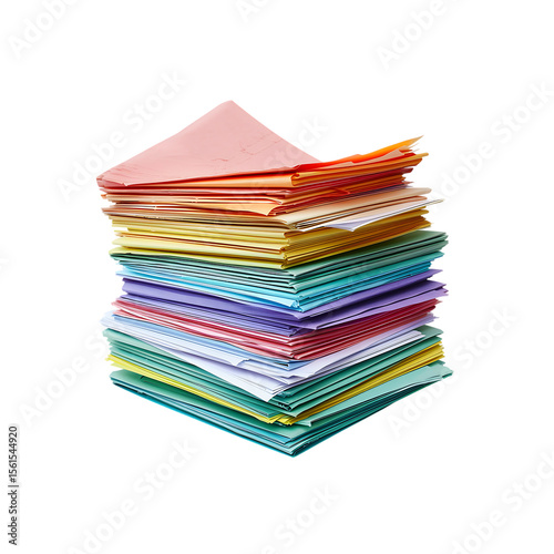 A stack of colorful papers isolated on a transparent background, in a PNG format