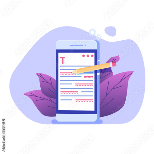 Editable online document. Creative writing and storytelling, copywriting . Online education, distant learning concept. Vector illustration.