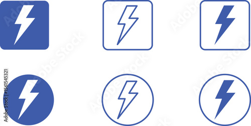 Electric Bolt Icon Set – Blue Lightning Symbols in Rounded and Square Frames with Filled and Outline Styles – Energy Vector Graphics for Power, Speed, Electricity, and Tech Interfaces