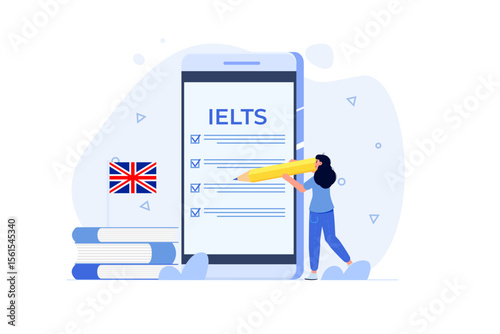 English Proficiency Test and Exam. IELTS International English Language Testing System. Vector illustration.