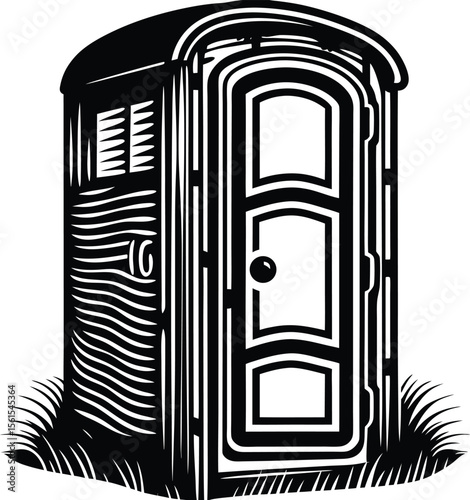 Black and white vector illustration of a server room with an icon of a metal door and window, symbolizing computer data technology design, secure, architecture, interior, facility, tech room
