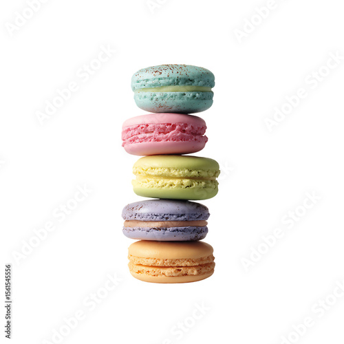Colorful macarons stacked isolated on a transparent background, in a PNG format