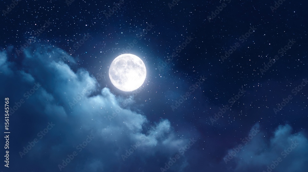 Naklejka premium Bright full moon illuminating cloudy night sky with stars in a peaceful scene.
