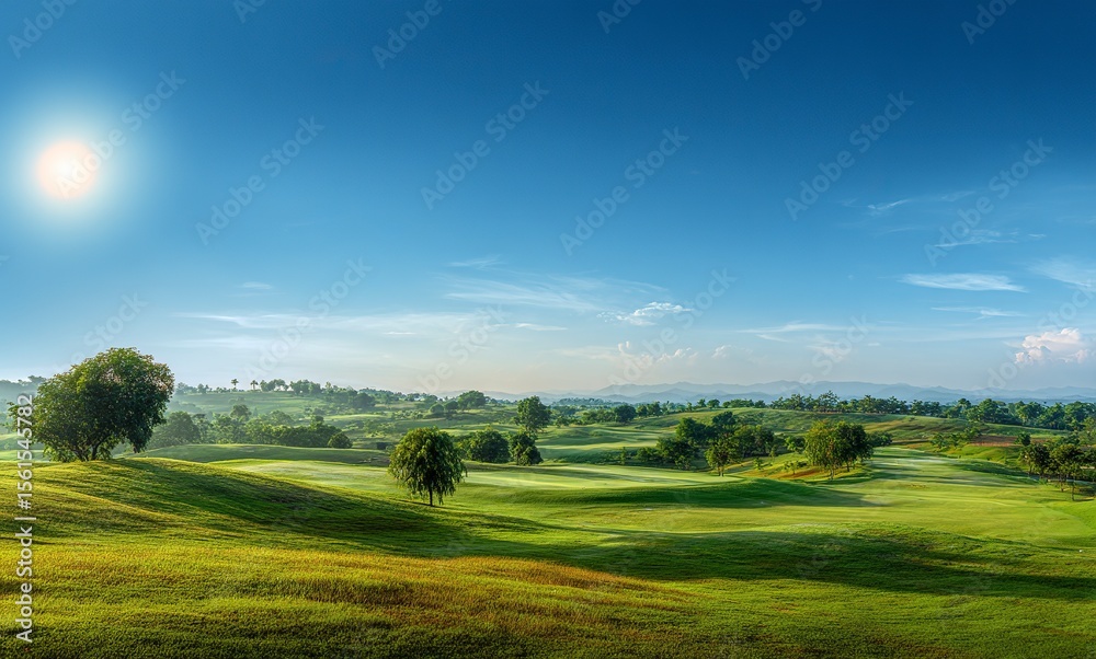 Obraz premium Beautiful green grass field with a blue sky and sun in a golf course landscape background, a nature outdoor beauty panorama view. 