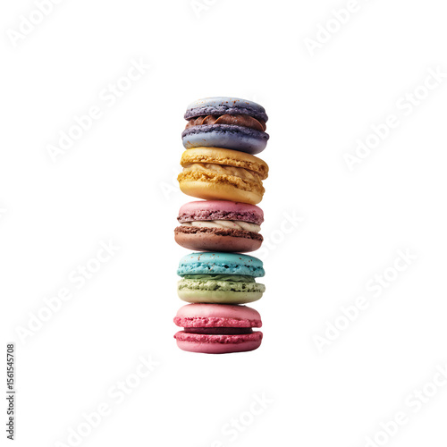 Colorful macarons stacked isolated on a transparent background, in a PNG format