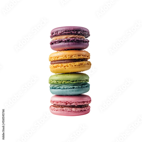 Colorful macarons stacked isolated on a transparent background, in a PNG format