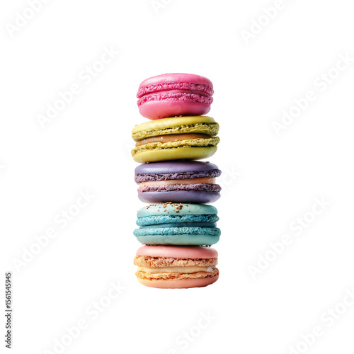 Colorful macarons stacked isolated on a transparent background, in a PNG format
