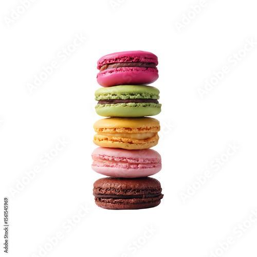 Colorful macarons stacked isolated on a transparent background, in a PNG format