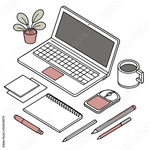 Isometric view of a laptop with a coffee cup, plant, mouse, notebook, and pens on a white surface