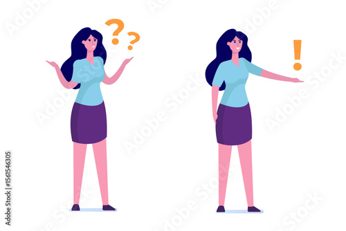 Problem solving concept. Woman thinking about problem with question mark. Vector illustration
