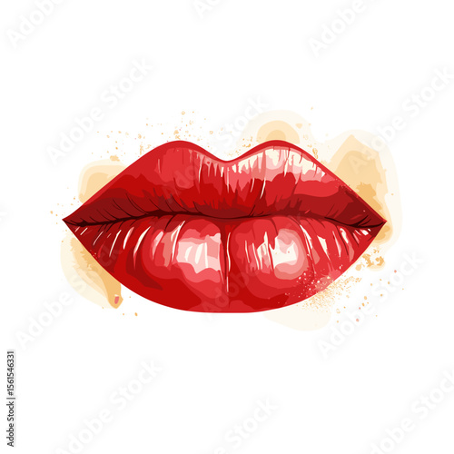 Red lips with glossy finish and watercolor splash background  
