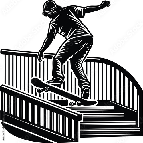 Vector silhouette illustration of an athletic boy skateboarder jumping on a wall, daring, adventure, fun, male