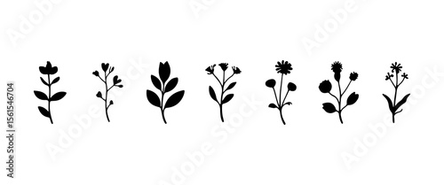 Gentle Floral Illustration. Light botanical flower with soft curved petals and subtle stem, designed for minimal and elegant artwork.