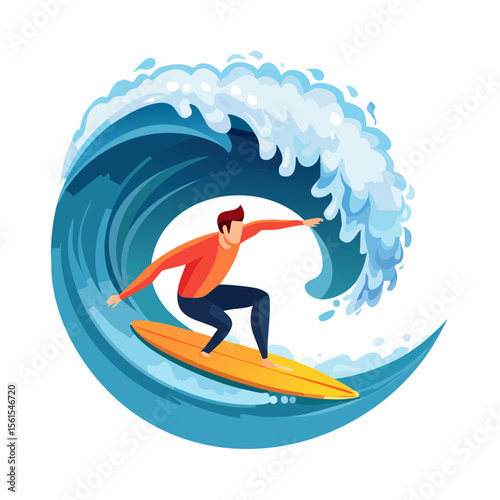vector illustration of a surfer riding a giant wave, foam splash and curved shapes