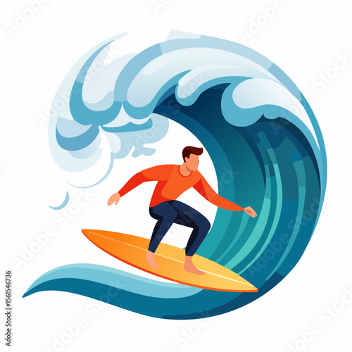 vector illustration of a surfer riding a giant wave, foam splash and curved shapes