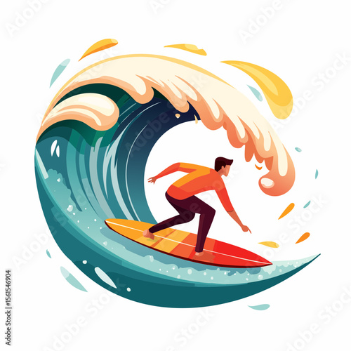 vector illustration of a surfer riding a giant wave, foam splash and curved shapes