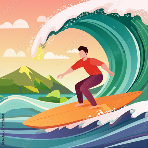 vector illustration of a surfer riding a giant wave, foam splash and curved shapes