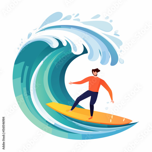vector illustration of a surfer riding a giant wave, foam splash and curved shapes