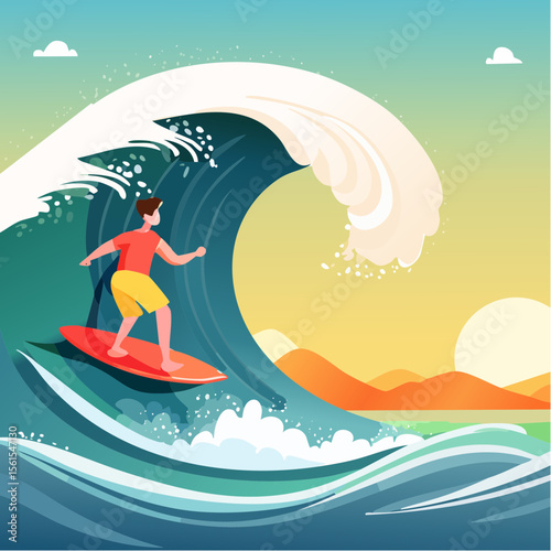 vector illustration of a surfer riding a giant wave, foam splash and curved shapes