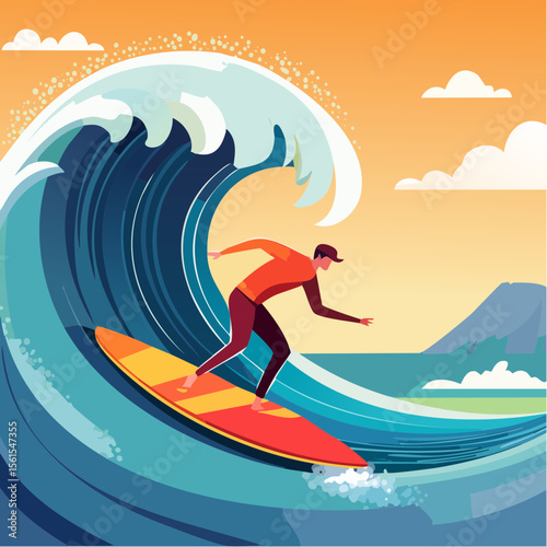 vector illustration of a surfer riding a giant wave, foam splash and curved shapes