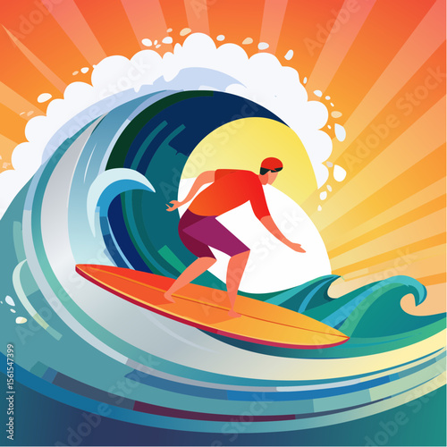 vector illustration of a surfer riding a giant wave, foam splash and curved shapes