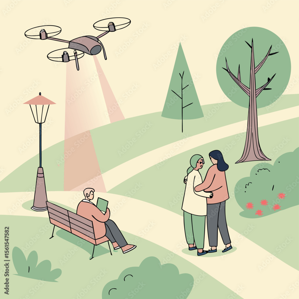 Fototapeta premium Drone flies over a park with people, trees, bench, and lamp post in a peaceful outdoor scene depiction