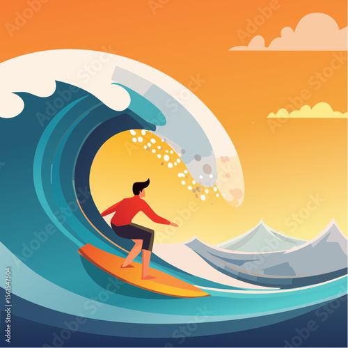 vector illustration of a surfer riding a giant wave, foam splash and curved shapes