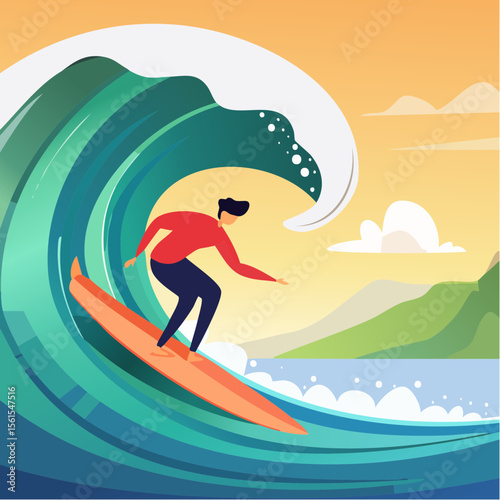 vector illustration of a surfer riding a giant wave, foam splash and curved shapes