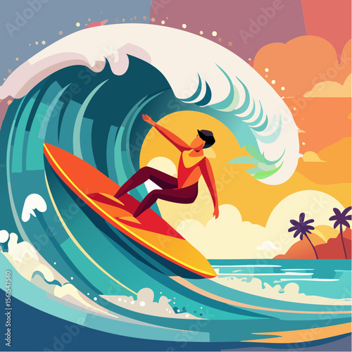 vector illustration of a surfer riding a giant wave, foam splash and curved shapes