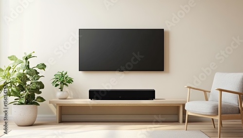 Modern living room with TV and sound bar