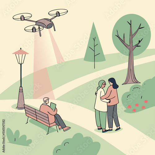 Drone flies over a park with people, trees, bench, and lamp post in a peaceful outdoor scene depiction